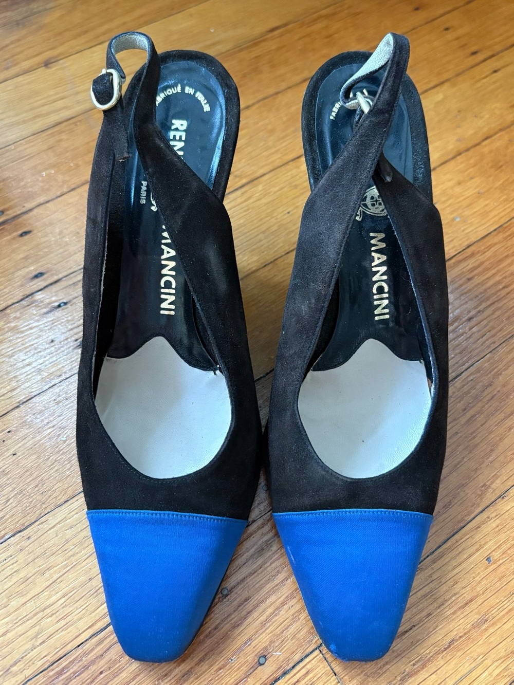 Renè Mancini brown suede and blue satin slingback heels